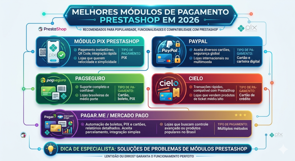 Módulos de pagamento PrestaShop: guia completo para aceitar pagamentos na sua loja 2 Infográfico comparativo dos melhores módulos de pagamento PrestaShop para 2026: PIX, PayPal, PagSeguro, Cielo, Pagar.me e Mercado Pago, com vantagens e tipos de pagamento.