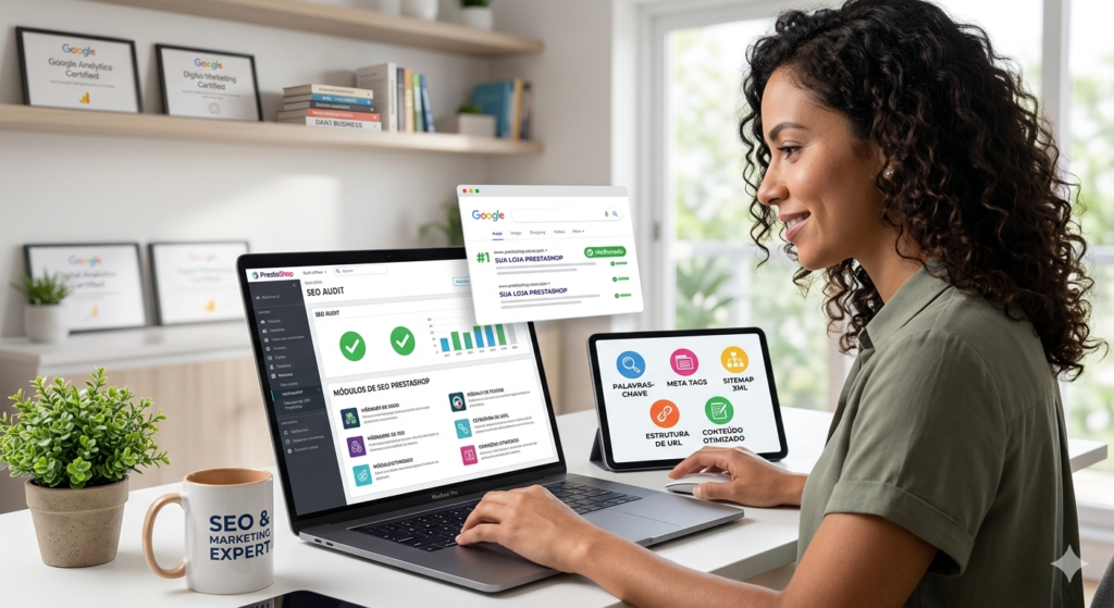Empresária de e-commerce sorrindo ao ver o painel do PrestaShop com módulos SEO ativos e auditados, mostrando melhoria de ranking e resultados de pesquisa otimizados.
