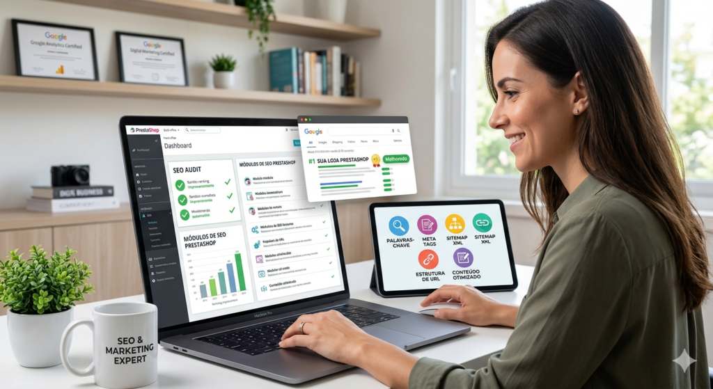 Módulos de Marketing PrestaShop: como aumentar vendas na sua loja 1 Especialista em e-commerce sorrindo ao ver o painel do PrestaShop com módulos SEO ativos e auditados, mostrando melhoria de ranking e resultados de pesquisa otimizados na tela.
