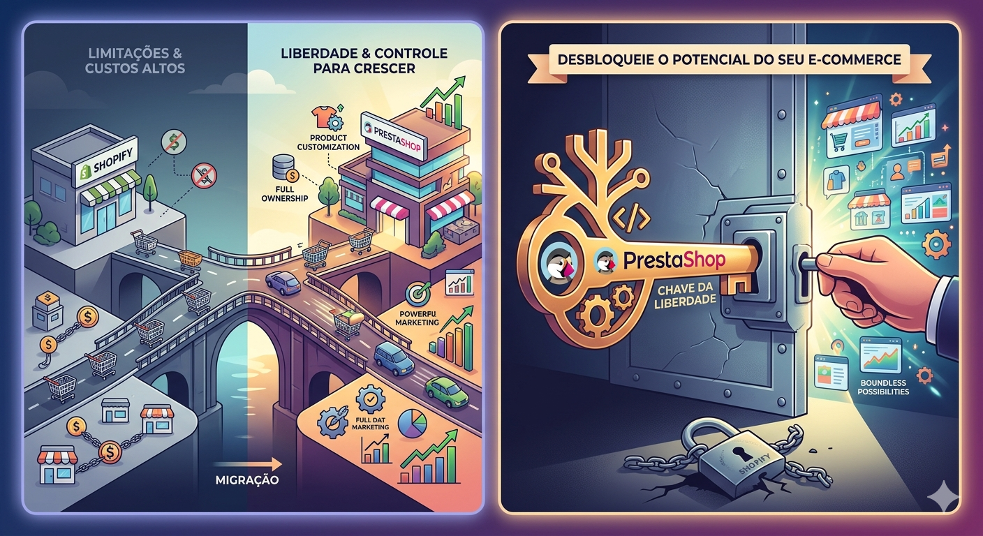 Mão segurando chave dourada PrestaShop abrindo porta para e-commerce vibrante, deixando placa Shopify para trás.