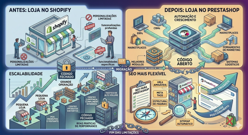 Migrar Shopify para PrestaShop: quando e por que fazer a mudança 2 Infográfico mostrando ponte entre Shopify e PrestaShop simbolizando liberdade e controle de e-commerce.