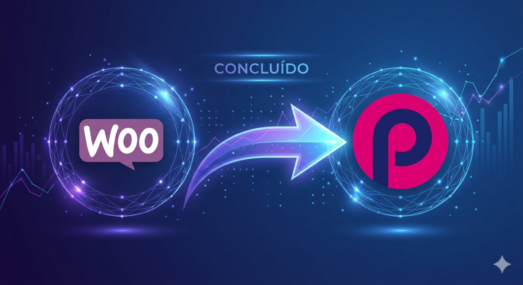 Uma seta digital brilhante transfere dados de um globo roxo com o logo WooCommerce para um globo magenta com o logo PrestaShop. A estética é moderna e tecnológica.