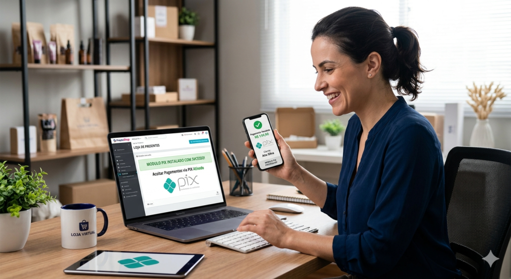 Empresária sorrindo ao ver o Módulo PIX PrestaShop instalado e um pagamento recebido no smartphone em sua loja virtual.
