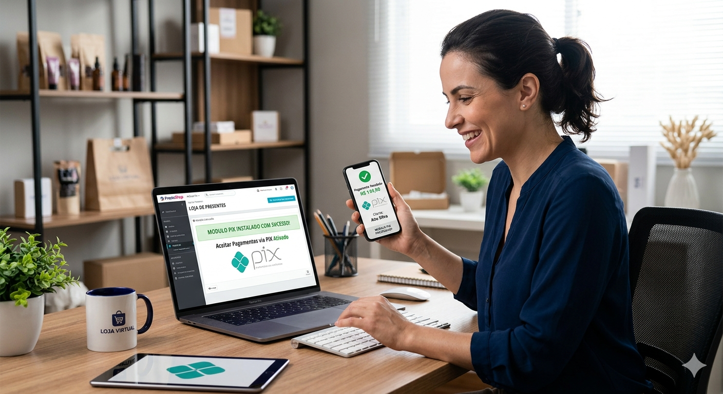 Empresária sorrindo ao ver o Módulo PIX PrestaShop instalado e um pagamento recebido no smartphone em sua loja virtual.