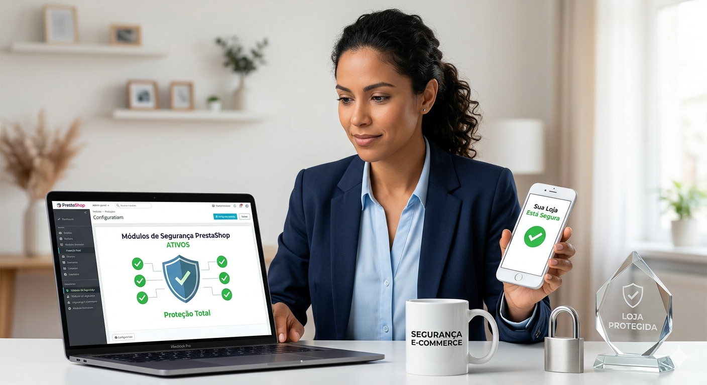 Empresária de e-commerce sorrindo e confiante, utilizando notebook com painel PrestaShop mostrando módulos de segurança ativos e protegidos, segurando smartphone com confirmação de segurança.