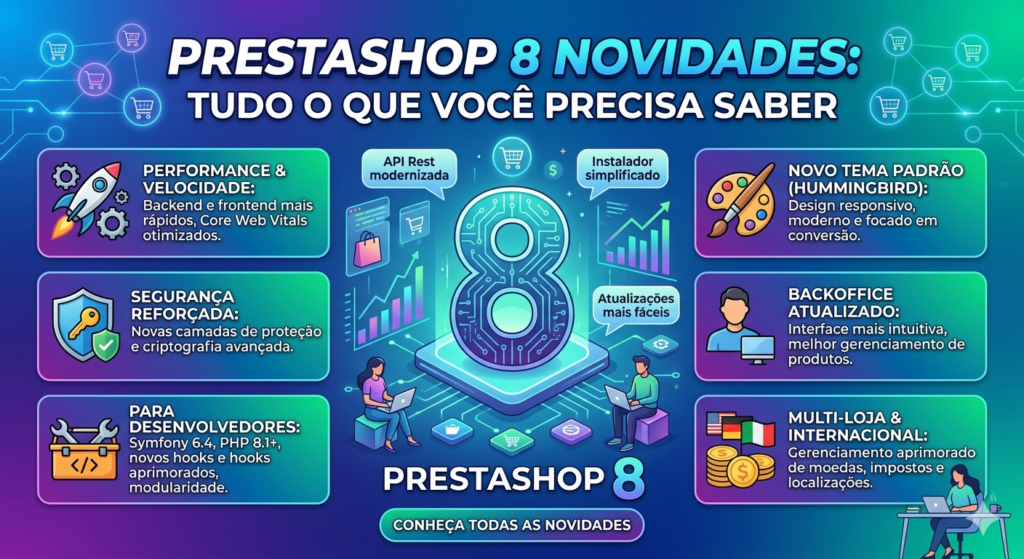 Anúncio do PrestaShop 8 destacando cinco categorias principais: desempenho e velocidade, segurança reforçada, novidades para desenvolvedores, novo tema padrão Hummingbird e suporte para multi-loja e internacional, mostrando melhorias técnicas e de usabilidade.