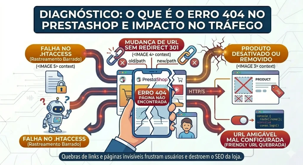 Erro 404 no PrestaShop: Causas, soluções e como corrigir definitivamente 1 Erro 404 no PrestaShop: links quebrados causando perda de clientes e ranqueamento.