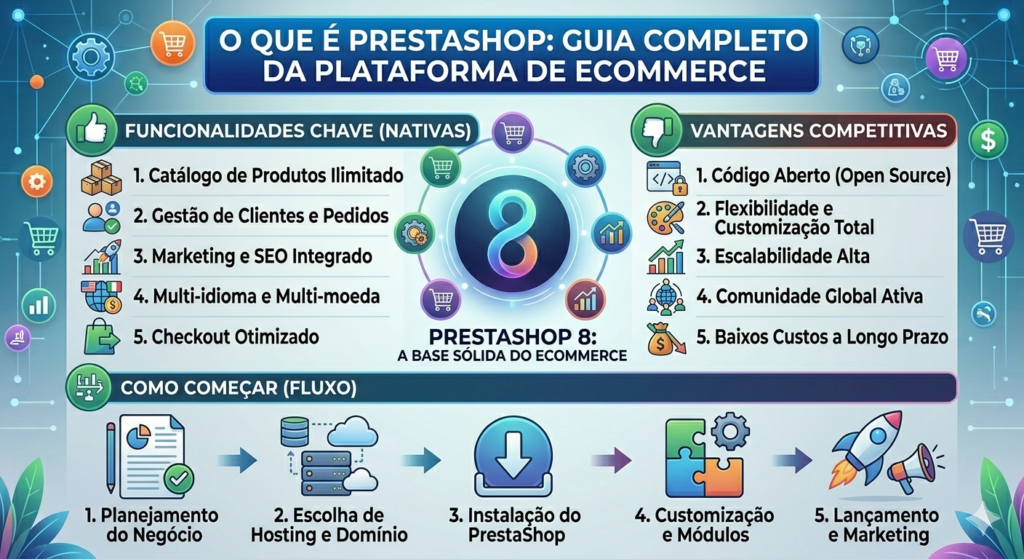 Infográfico "O que é PrestaShop: Guia Completo da Plataforma de Ecommerce". Apresenta funcionalidades nativas como catálogo ilimitado e SEO integrado, vantagens competitivas como código aberto e escalabilidade, e um fluxo de 5 passos para começar a loja virtual.