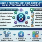 Infográfico "O que é PrestaShop: Guia Completo da Plataforma de Ecommerce". Apresenta funcionalidades nativas como catálogo ilimitado e SEO integrado, vantagens competitivas como código aberto e escalabilidade, e um fluxo de 5 passos para começar a loja virtual.