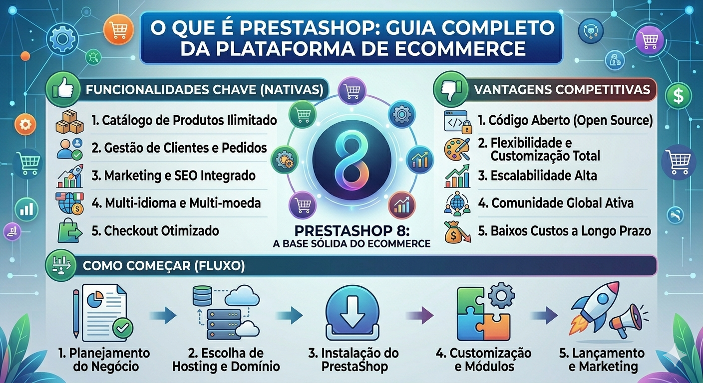Infográfico "O que é PrestaShop: Guia Completo da Plataforma de Ecommerce". Apresenta funcionalidades nativas como catálogo ilimitado e SEO integrado, vantagens competitivas como código aberto e escalabilidade, e um fluxo de 5 passos para começar a loja virtual.