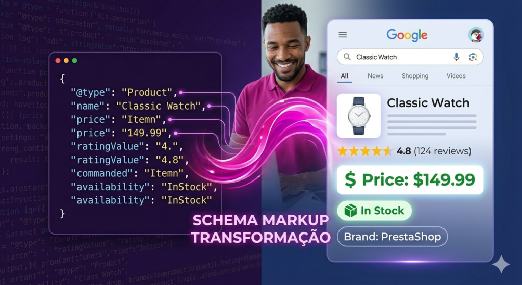Infográfico mostrando código JSON-LD de produto PrestaShop conectado a resultado no Google com estrelas, preço e disponibilidade.