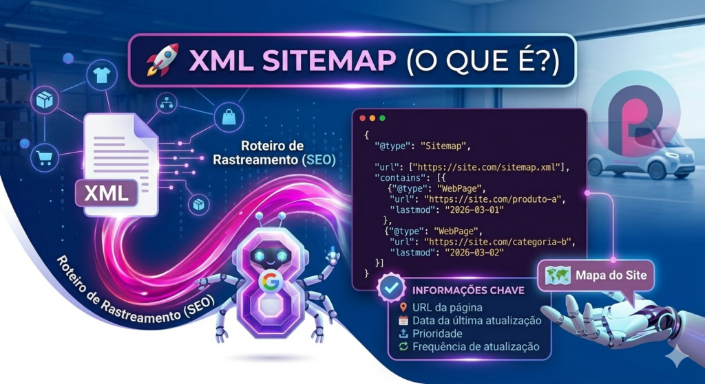 Infográfico com código JSON-LD e sitemap XML guiando robô do Google por uma rota de indexação.