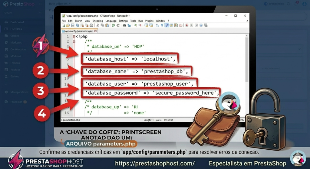 Printscreen do editor de texto exibindo o código do arquivo parameters.php com setas vermelhas numeradas destacando as linhas de host, nome do banco, usuário e senha, acompanhado de um ícone de cadeado.