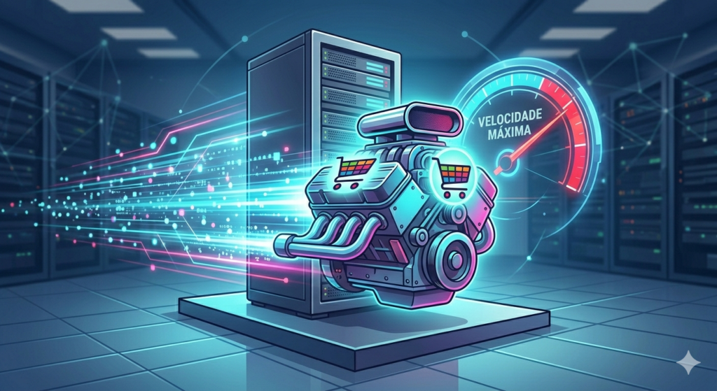 Gráfico dinâmico de alta tecnologia mostrando um rack de servidor moderno integrado ao logo do PrestaShop, agindo como um motor de carro de corrida superpotente que gera um rastro de velocidade digital e um velocímetro marcando "Velocidade Máxima".