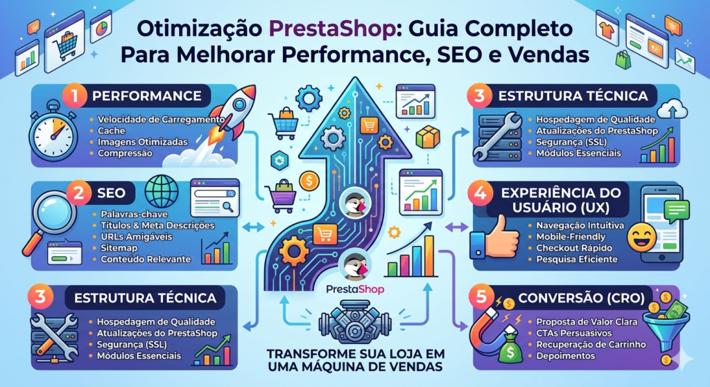 Otimização PrestaShop: Guia Completo Para Melhorar Performance, SEO e Vendas 1 Infográfico sobre Otimização PrestaShop: Performance, SEO, Estrutura Técnica, UX e Conversão com logo PrestaShopHost.