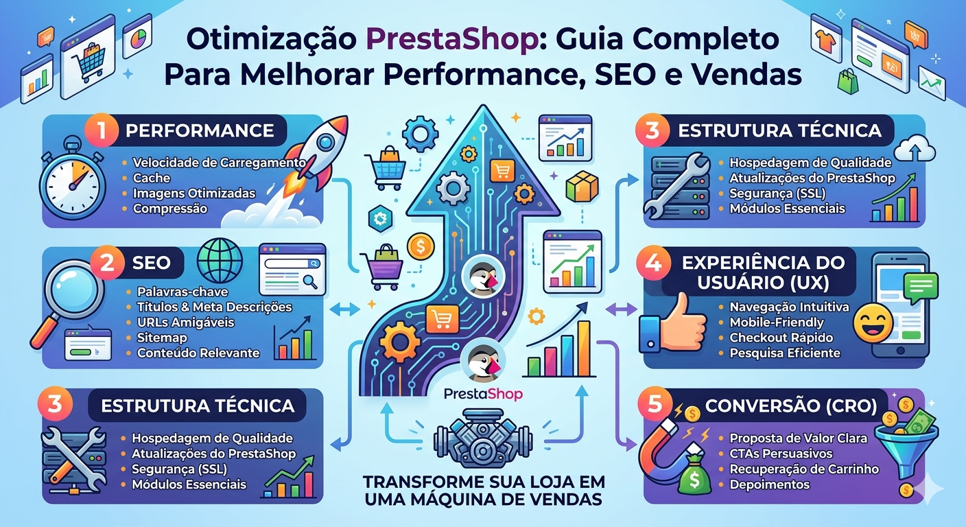 Infográfico sobre Otimização PrestaShop: Performance, SEO, Estrutura Técnica, UX e Conversão com logo PrestaShopHost.