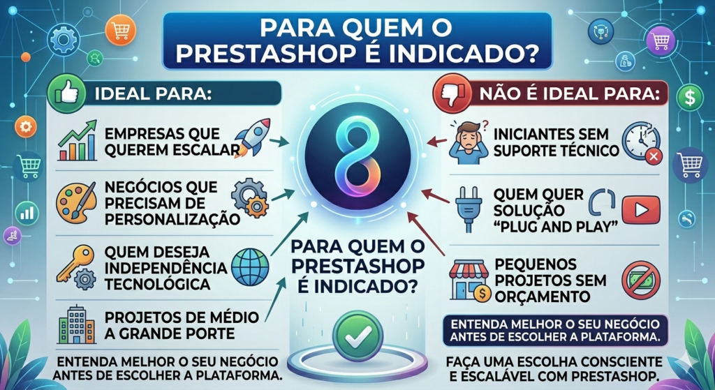 Infográfico comparativo "Para quem o PrestaShop é indicado?". Divide o público entre "Ideal para" (empresas que querem escalar e precisam de personalização) e "Não é ideal para" (iniciantes sem suporte ou projetos sem orçamento). Estilo visual limpo com ícones ilustrativos.