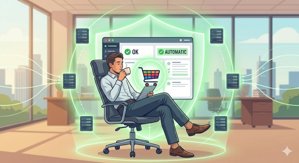 Ilustração de um lojista relaxado tomando café em um escritório moderno, segurando um tablet onde tudo está marcado como OK ou Automático, enquanto o logo do PrestaShop brilha em verde ao fundo.