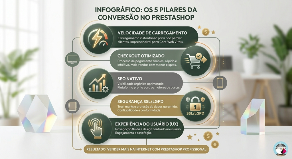 Infográfico vertical com ícones modernos detalhando os 5 pilares para vender mais: Velocidade de Carregamento, Checkout Otimizado, SEO Nativo, Segurança SSL/LGPD e Experiência do Usuário (UX).