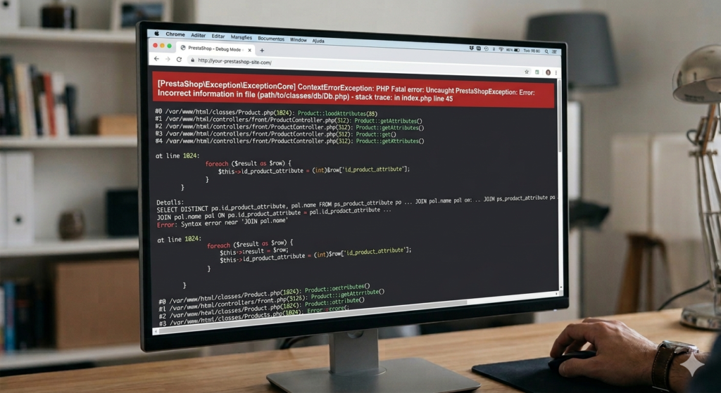 Tela de debug mostrando erro interno no PrestaShop