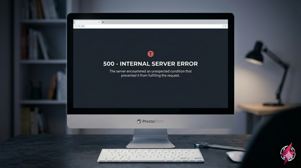 Um monitor de computador moderno exibindo uma mensagem nítida de '500 - INTERNAL SERVER ERROR' em um fundo escuro, com uma chave inglesa sobre a mesa, representando a necessidade de reparo técnico.