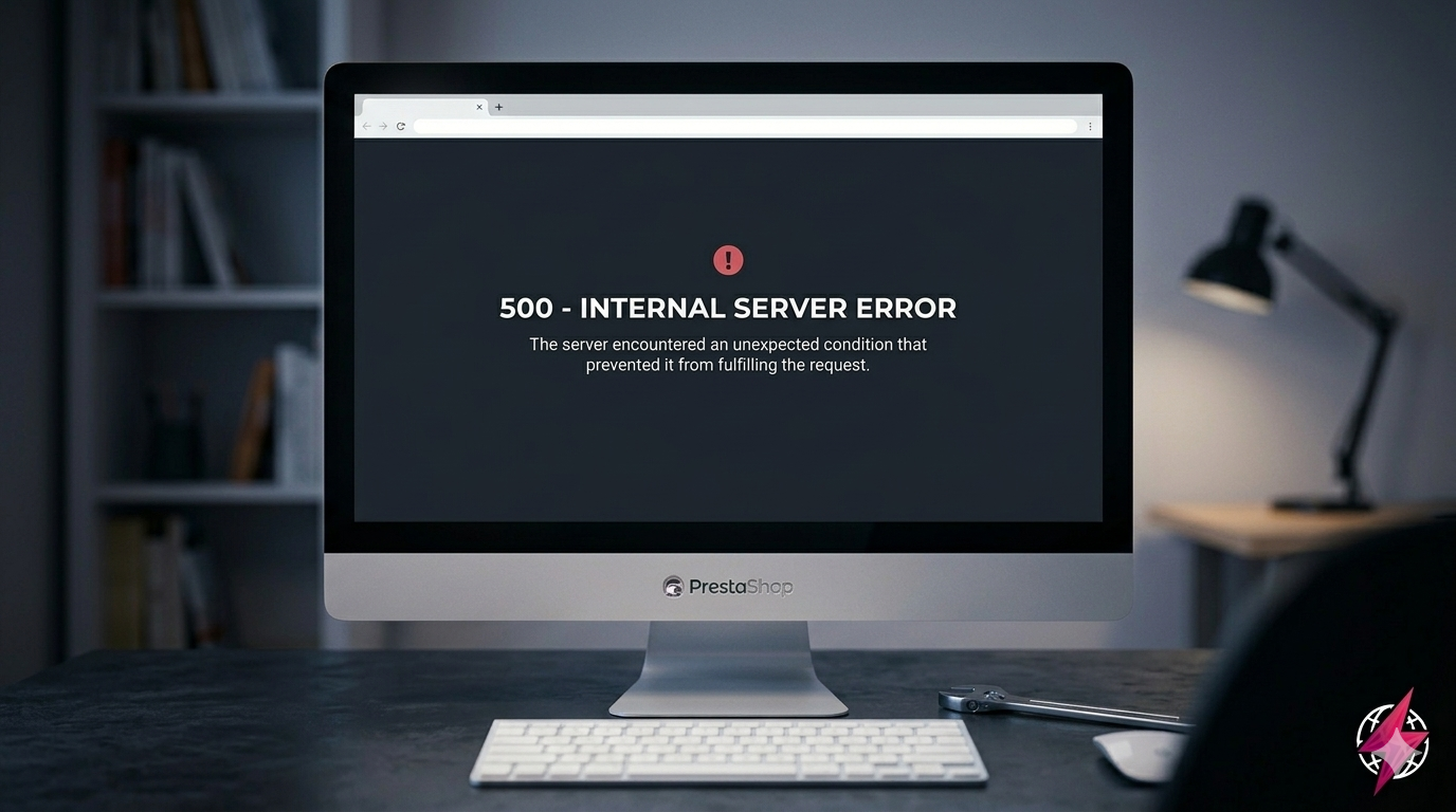 Um monitor de computador moderno exibindo uma mensagem nítida de '500 - INTERNAL SERVER ERROR' em um fundo escuro, com uma chave inglesa sobre a mesa, representando a necessidade de reparo técnico.