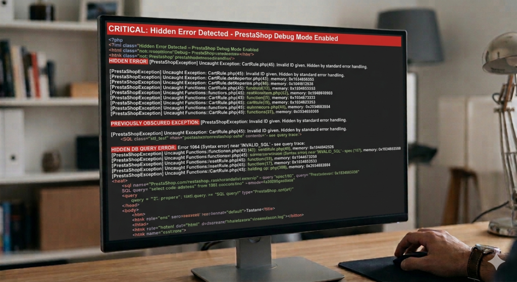 Tela branca PrestaShop — como resolver e recuperar sua loja rapidamente 2 Erro oculto revelado no modo debug do PrestaShop