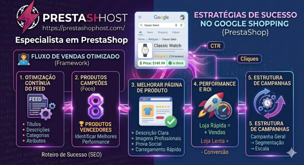 Infográfico técnico mostrando cinco estratégias essenciais para Google Shopping em PrestaShop: Otimização de Feed, Produtos Campeões, Página de Produto, Performance e Estrutura de Campanhas. Elementos conectados por linha de energia magenta, com background de código e dados. Logo PrestaShopHost no canto superior reforça autoridade.