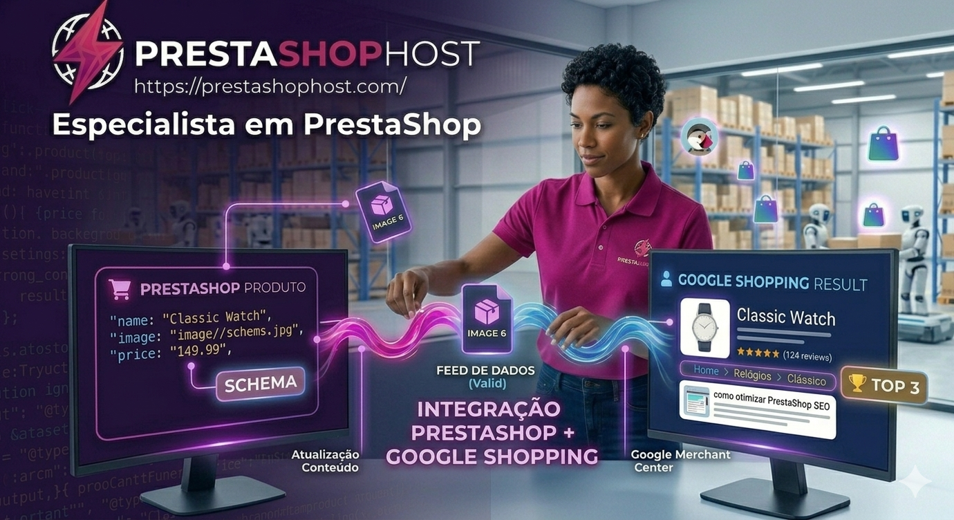 Especialista analisa dados de integração entre PrestaShop e Google Shopping em monitores, com destaque para feed de dados, API e resultados otimizados no Merchant Center.