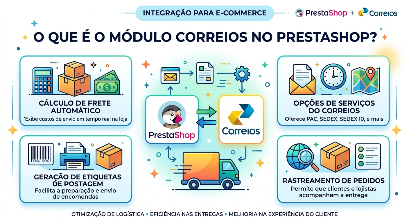 Módulo Correios no PrestaShop mostrando cálculo de frete em tempo real, opções de envio como PAC e SEDEX, rastreamento de pedidos e geração de etiquetas