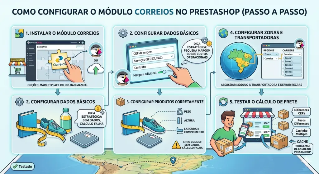 Guia infográfico passo a passo do módulo Correios no PrestaShop mostrando instalação, dados básicos, dados do produto, zonas e transportadoras e testes finais com checklist
