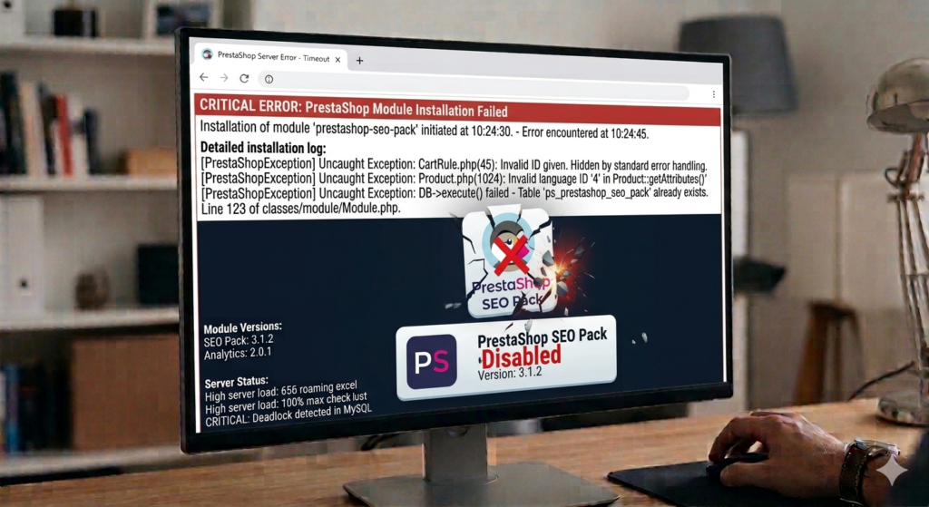 Problemas com módulos PrestaShop — como identificar e corrigir erros que quebram sua loja 2 Erro causado por módulo no PrestaShop