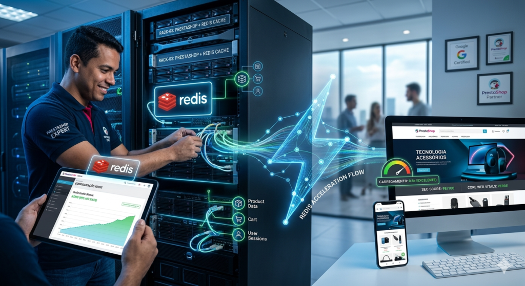 Técnico sorrindo configurando o cache Redis no servidor de uma loja PrestaShop, com visualização de dados acelerados e resultados rápidos no site mobile e desktop.