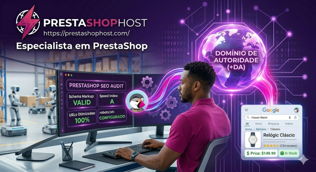 Especialista analisando métricas de SEO, velocidade e dados estruturados em telas