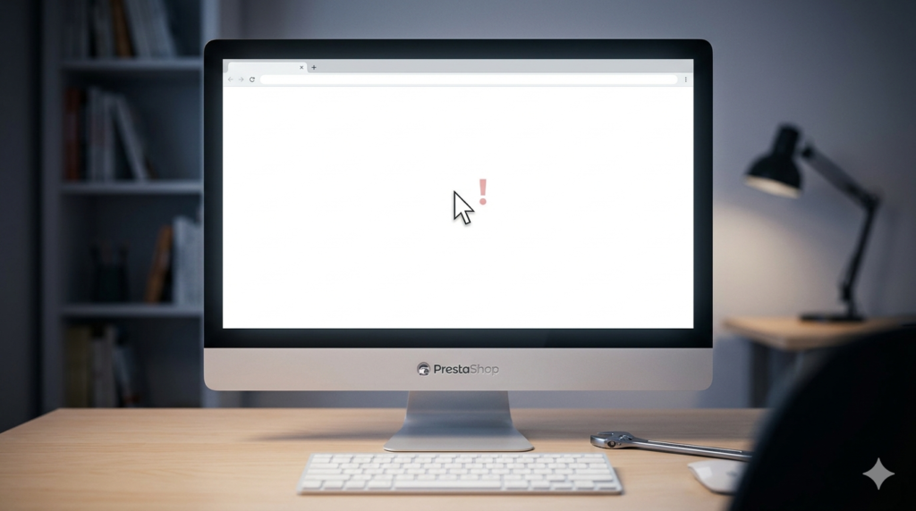 Um monitor de computador moderno exibindo uma tela de navegador completamente branca e vazia, representando o erro White Screen of Death no PrestaShop.