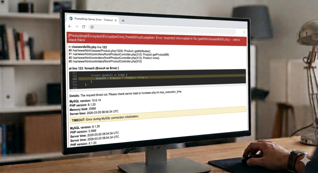 PrestaShop não carrega — como resolver e recuperar sua loja rapidamente 2 Erro de timeout no servidor PrestaShop
