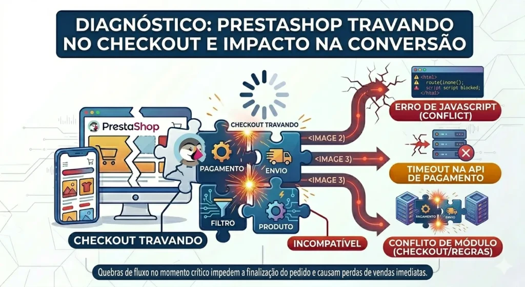 Problemas de lentidão e travamento no checkout do PrestaShop: impacto na conversão.