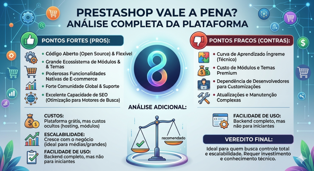 Infográfico de análise completa do PrestaShop 8 mostrando Pontos Fortes (Prós) e Pontos Fracos (Contras). Inclui critérios de custo, escalabilidade, facilidade de uso e um veredito final sobre o uso da plataforma para médias e grandes lojas virtuais.