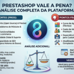 Infográfico de análise completa do PrestaShop 8 mostrando Pontos Fortes (Prós) e Pontos Fracos (Contras). Inclui critérios de custo, escalabilidade, facilidade de uso e um veredito final sobre o uso da plataforma para médias e grandes lojas virtuais.