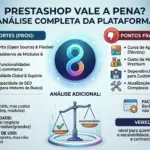 Infográfico de análise completa do PrestaShop 8 mostrando Pontos Fortes (Prós) e Pontos Fracos (Contras). Inclui critérios de custo, escalabilidade, facilidade de uso e um veredito final sobre o uso da plataforma para médias e grandes lojas virtuais.