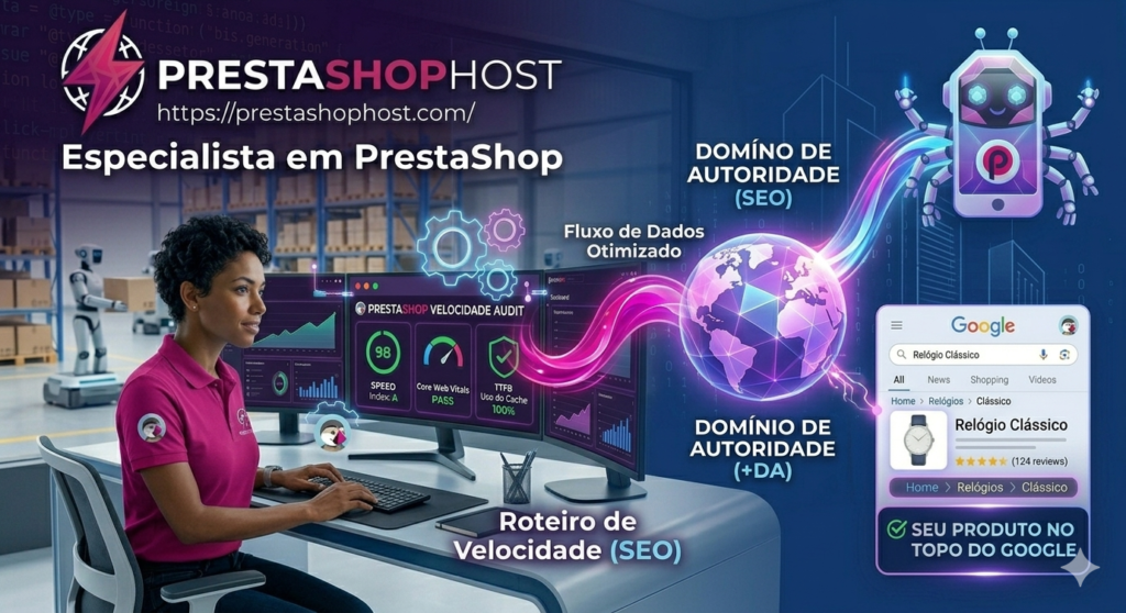 Especialista analisa métricas de velocidade e SEO do PrestaShop em monitores com dados de Core Web Vitals, cache e desempenho.