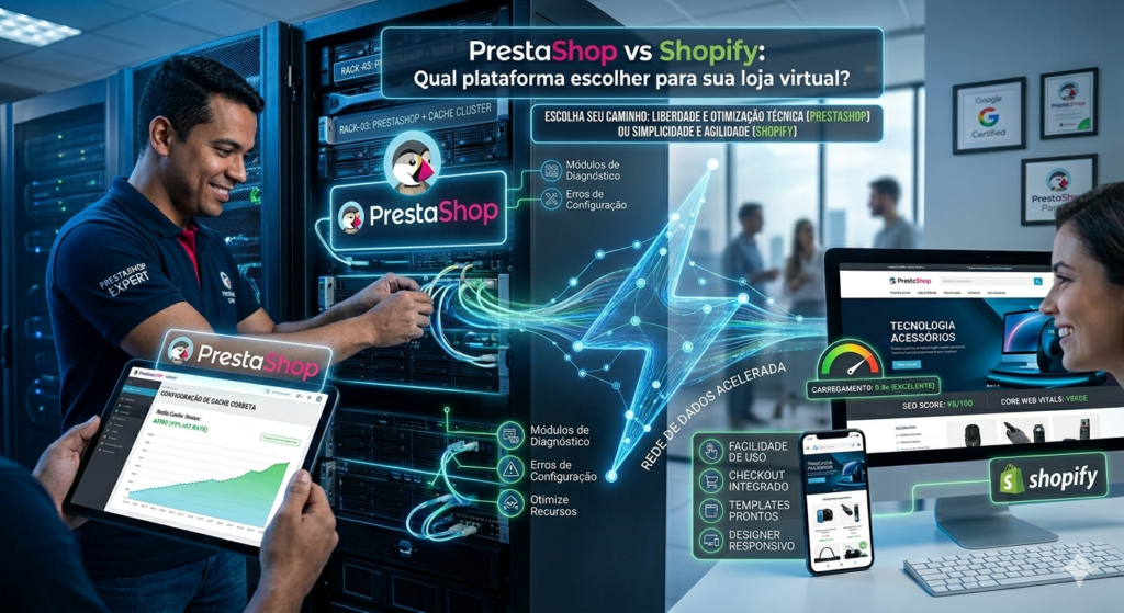 PrestaShop vs Shopify: Qual plataforma escolher para sua loja virtual? 1 Comparativo visual entre PrestaShop e Shopify, destacando liberdade técnica e otimização versus simplicidade e agilidade para lojas virtuais.
