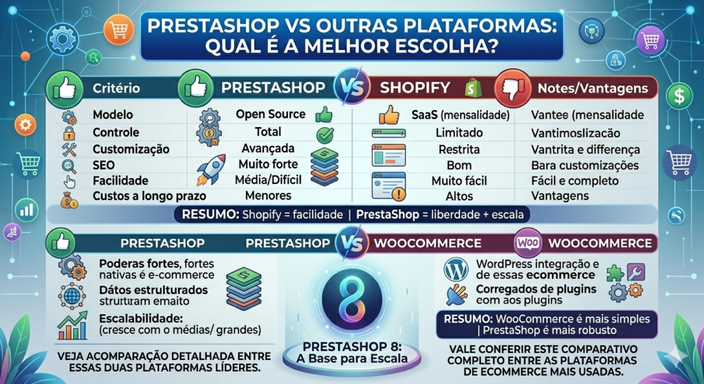 Infográfico comparativo de e-commerce em português mostrando PrestaShop vs Shopify e PrestaShop vs WooCommerce. Inclui tabelas de Modelo (Open Source/SaaS), Controle, Customização, SEO, Facilidade e Custos a Longo Prazo, com resumos visuais de vantagens. Estilo moderno e limpo, com o logo circular do PrestaShop 8 centralizado.