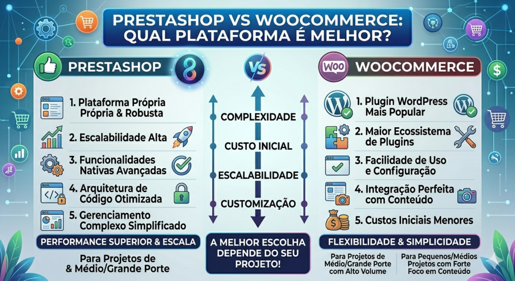 Infográfico comparativo de e-commerce "PrestaShop vs WooCommerce: Qual Plataforma é Melhor?". Tabelas detalhadas comparam Complexidade, Custo Inicial, Escalabilidade e Customização. Destaca PrestaShop para Performance e Escala vs WooCommerce para Flexibilidade e Simplicidade.