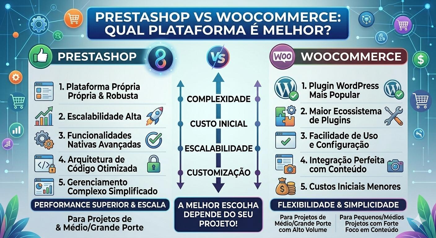 Infográfico comparativo de e-commerce "PrestaShop vs WooCommerce: Qual Plataforma é Melhor?". Tabelas detalhadas comparam Complexidade, Custo Inicial, Escalabilidade e Customização. Destaca PrestaShop para Performance e Escala vs WooCommerce para Flexibilidade e Simplicidade.