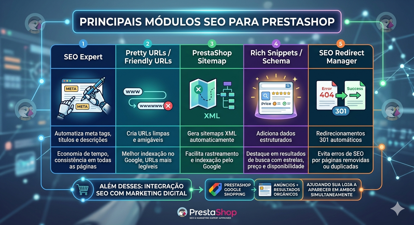 Infográfico comparando 5 principais módulos SEO para PrestaShop: SEO Expert, Pretty URLs, PrestaShop Sitemap, Rich Snippets e SEO Redirect Manager, com funções e benefícios.