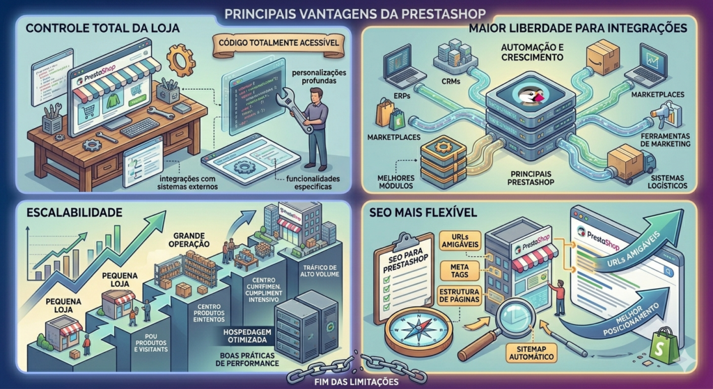 Migrar Shopify para PrestaShop: quando e por que fazer a mudança 3 Painel com quatro vantagens do PrestaShop: controle total, integrações, escalabilidade e SEO flexível.