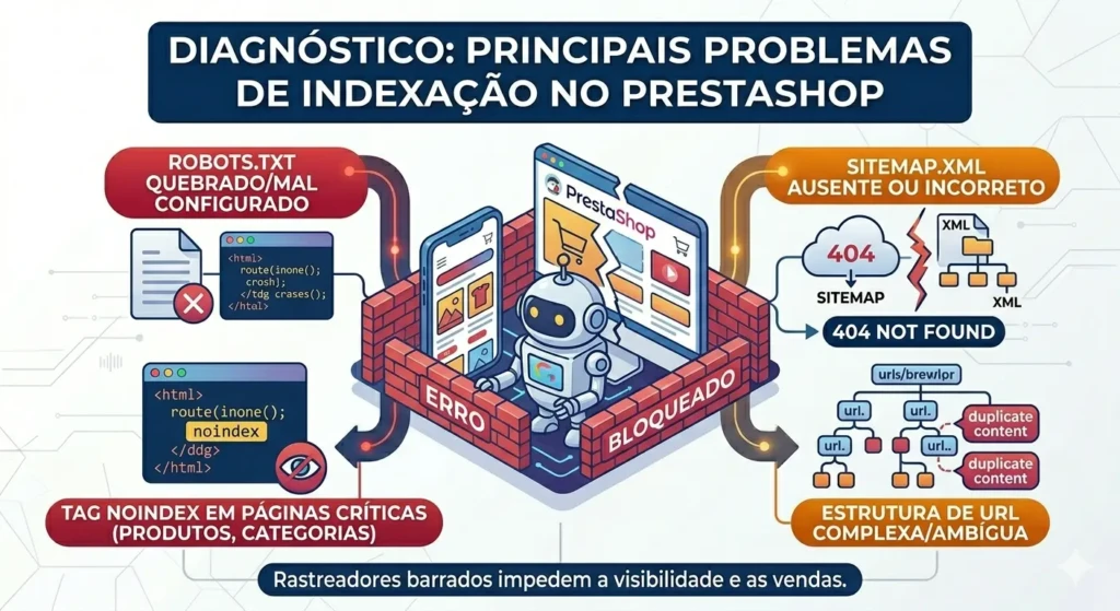 Erro de indexação no PrestaShop: robots.txt configurado errado e sitemap bloqueado.