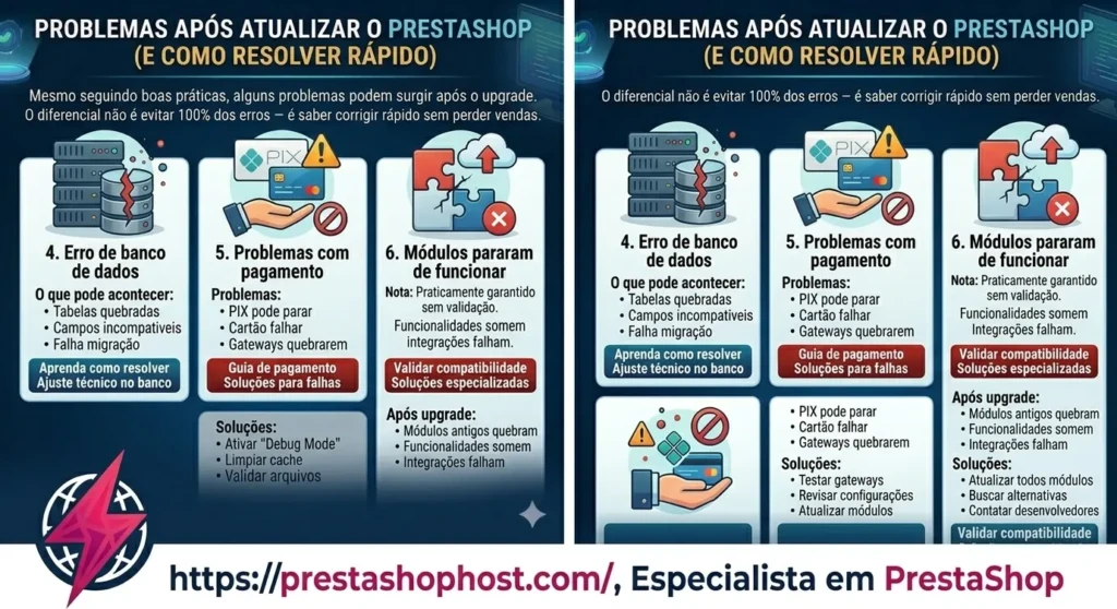 Infográfico mostrando problemas comuns após atualização PrestaShop 8 e como corrigi-los