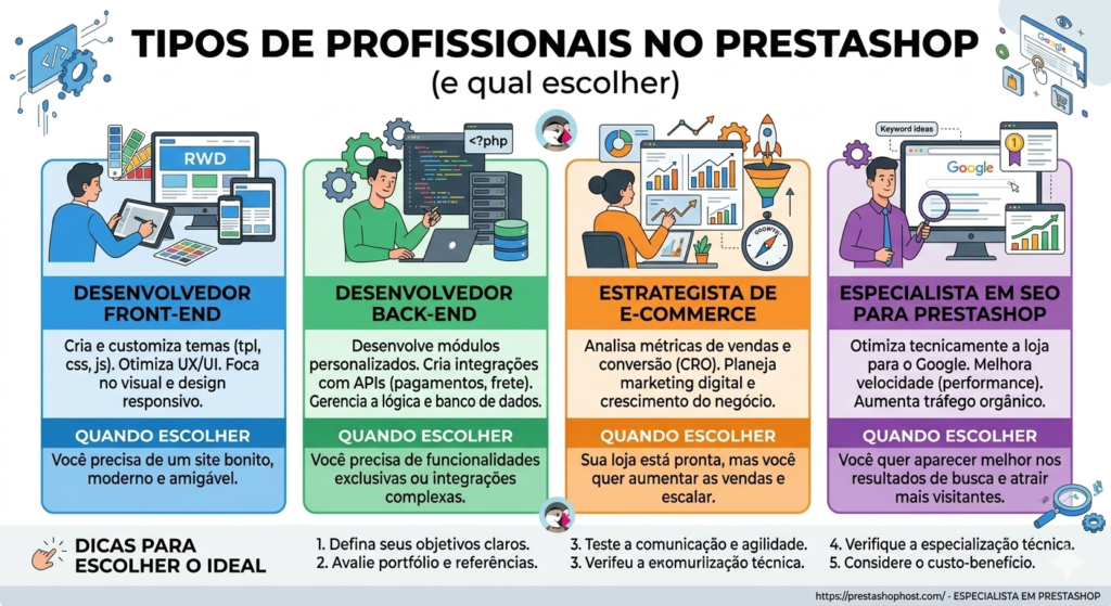 Comparativo entre Desenvolvedor Front-end, Back-end, Estrategista de E-commerce e Especialista em SEO para PrestaShop, detalhando as funções de cada um e quando contratar.